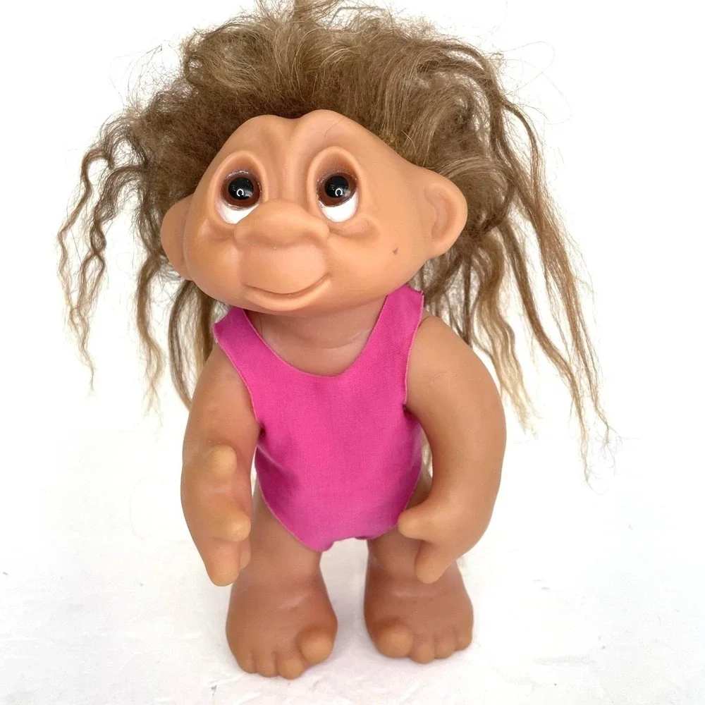 Vintage 1985 Dam Troll Doll Made in Denmark Brown Hair Pink Bodysuit‎ 604